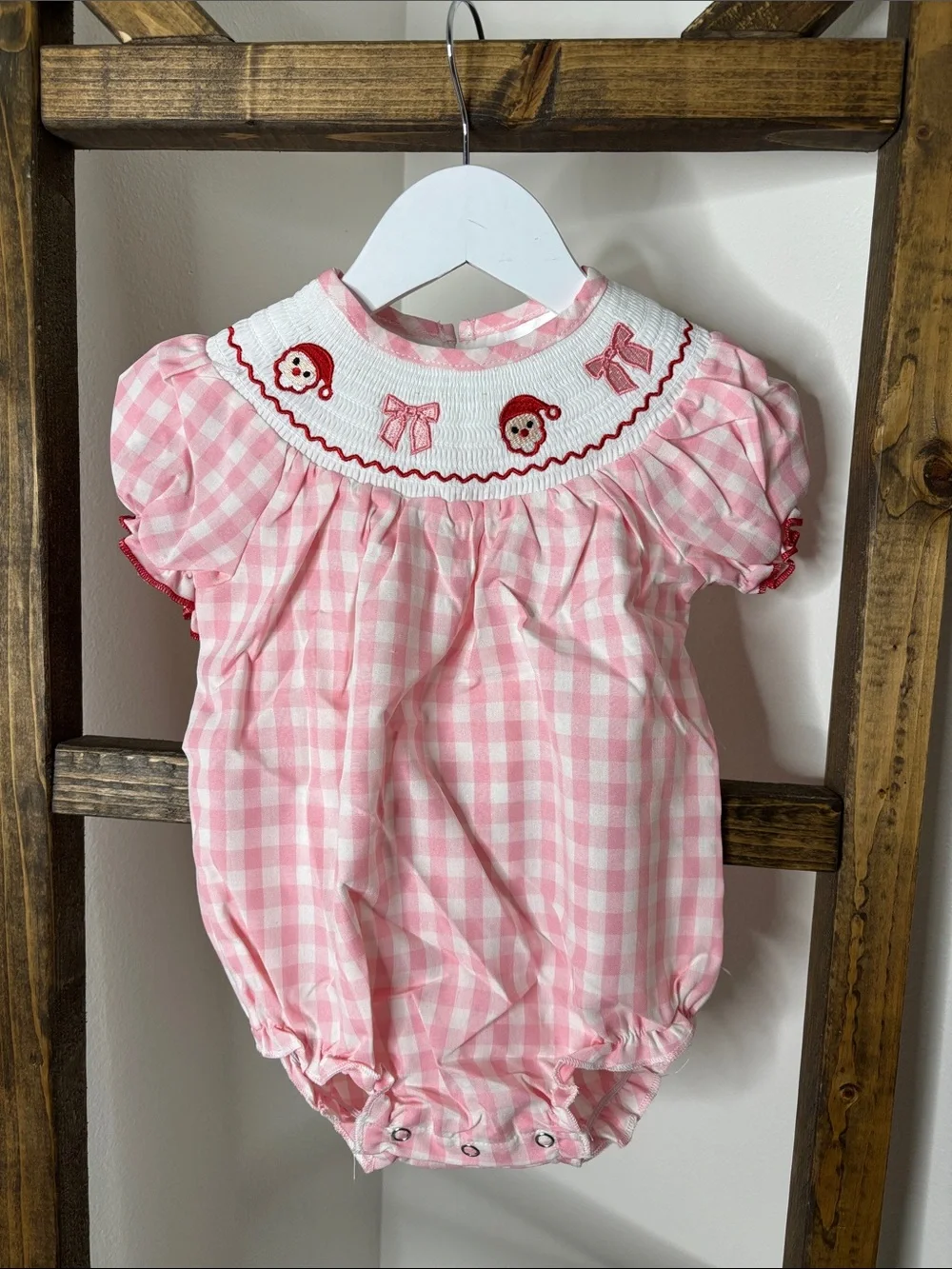 Pink Gingham Smocked Christmas Baby One-Piece with Embroidered Santa Bows 18M